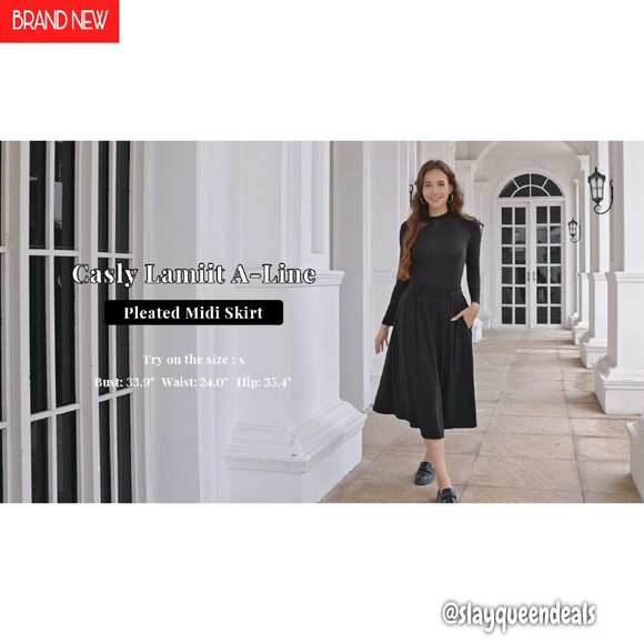 High Waisted Midi Skirt A-Line Pleated Work Skirt with Pockets - Picture 7 of 8